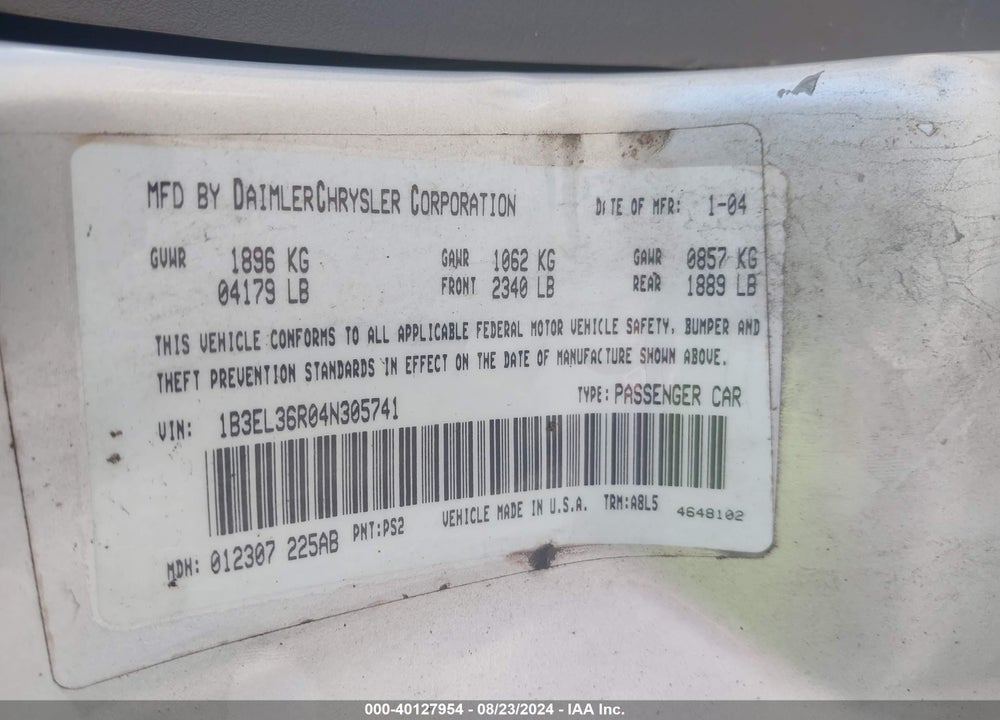 2004 DODGE STRATUS SE VIN: 1B3EL36R04N305741