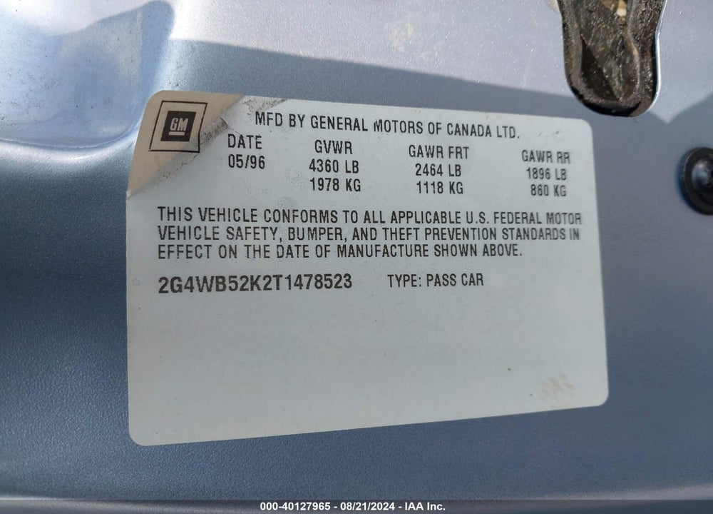 1996 BUICK REGAL CUSTOM VIN: 2G4WB52K2T1478523