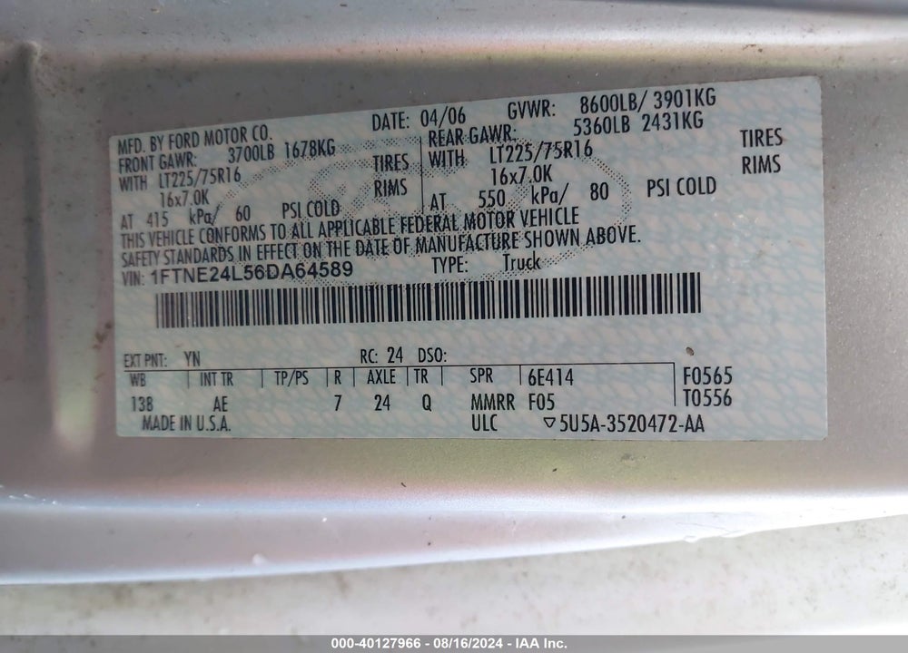 2006 FORD E-250 VIN: 1FTNE24L56DA64589