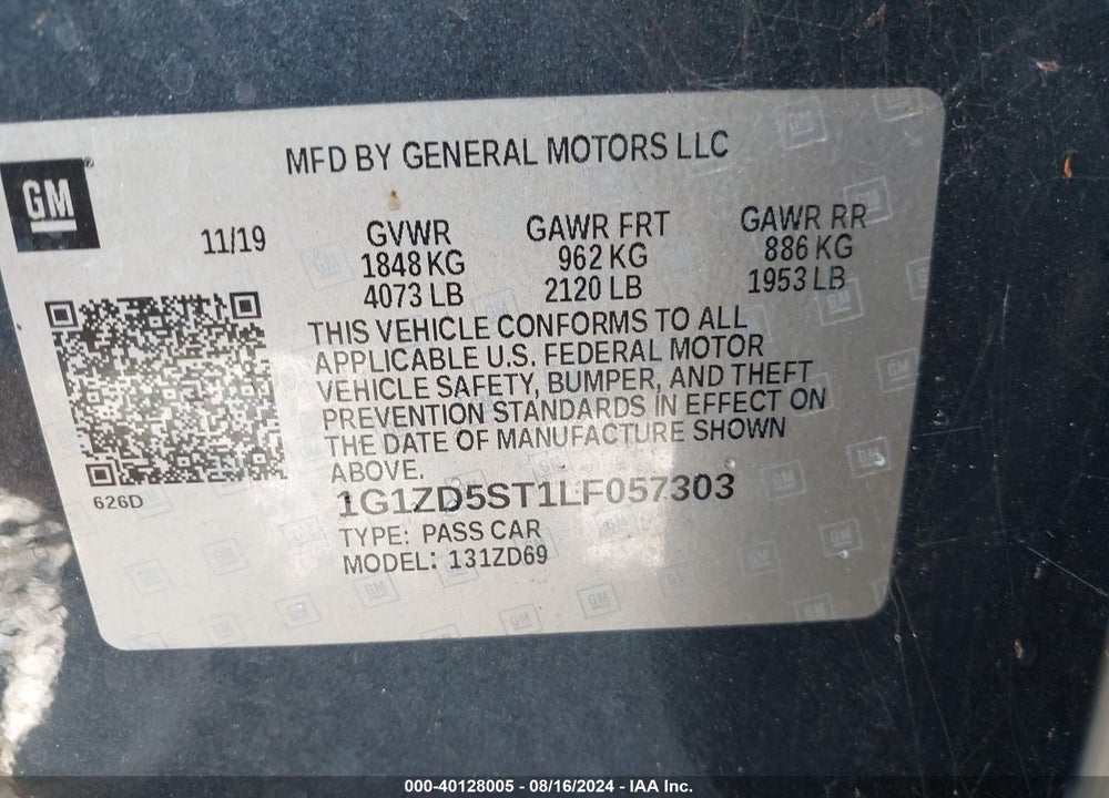 2020 CHEVROLET MALIBU FWD LT VIN: 1G1ZD5ST1LF057303