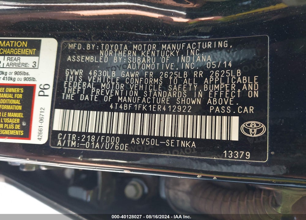 2014 TOYOTA CAMRY LE VIN: 4T4BF1FK1ER412922