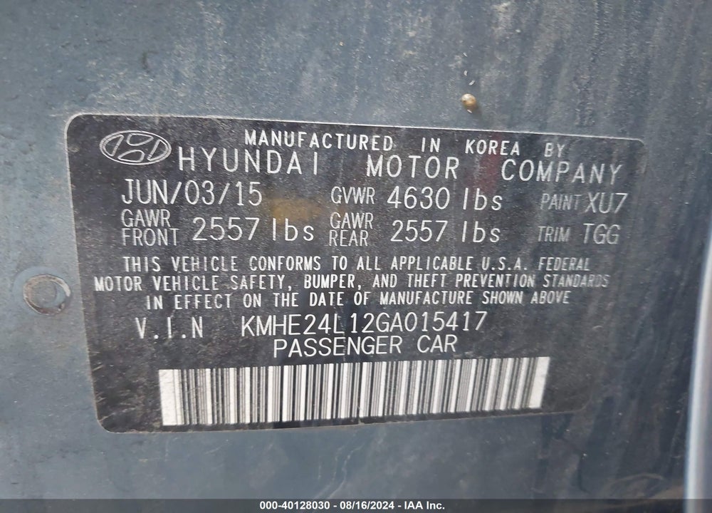 2016 HYUNDAI SONATA HYBRID VIN: KMHE24L12GA015417