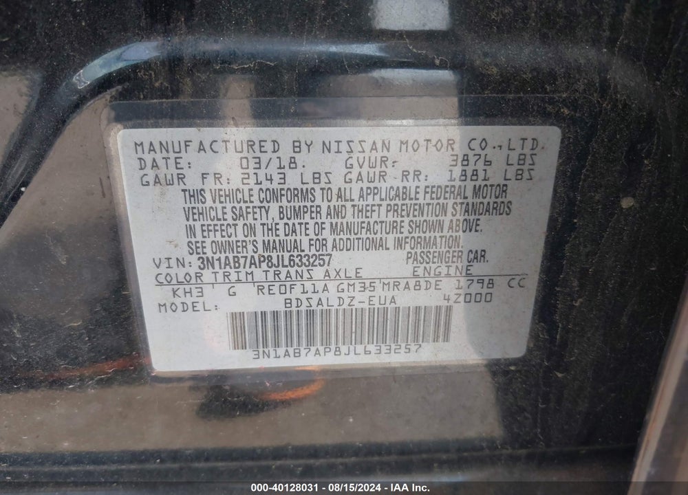2018 NISSAN SENTRA SV VIN: 3N1AB7AP8JL633257
