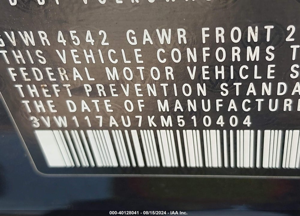 2019 VOLKSWAGEN GOLF SPORTWAGEN 1.8T S VIN: 3VW117AU7KM510404