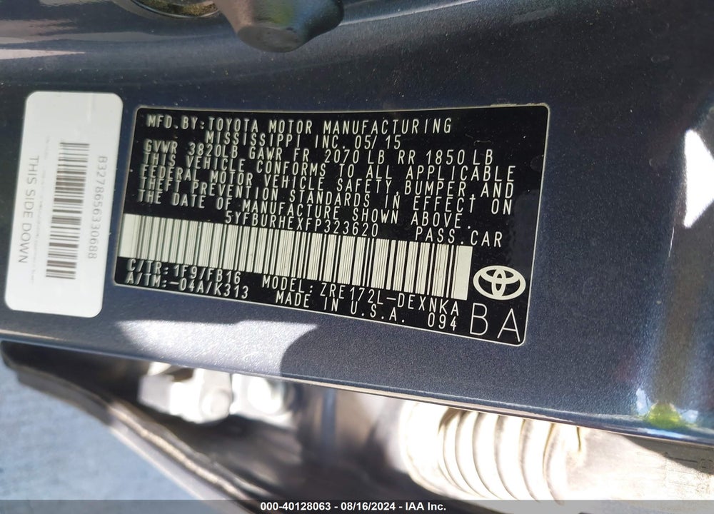 2015 TOYOTA COROLLA LE VIN: 5YFBURHEXFP323620