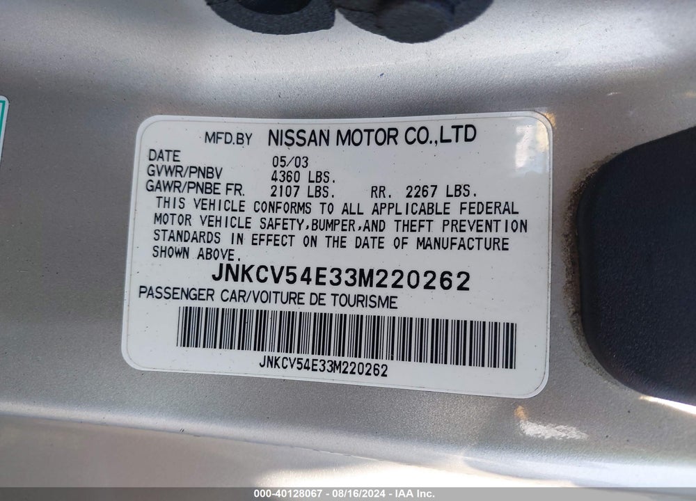 2003 INFINITI G35 BASE W/6 SPEED MANUAL VIN: JNKCV54E33M220262