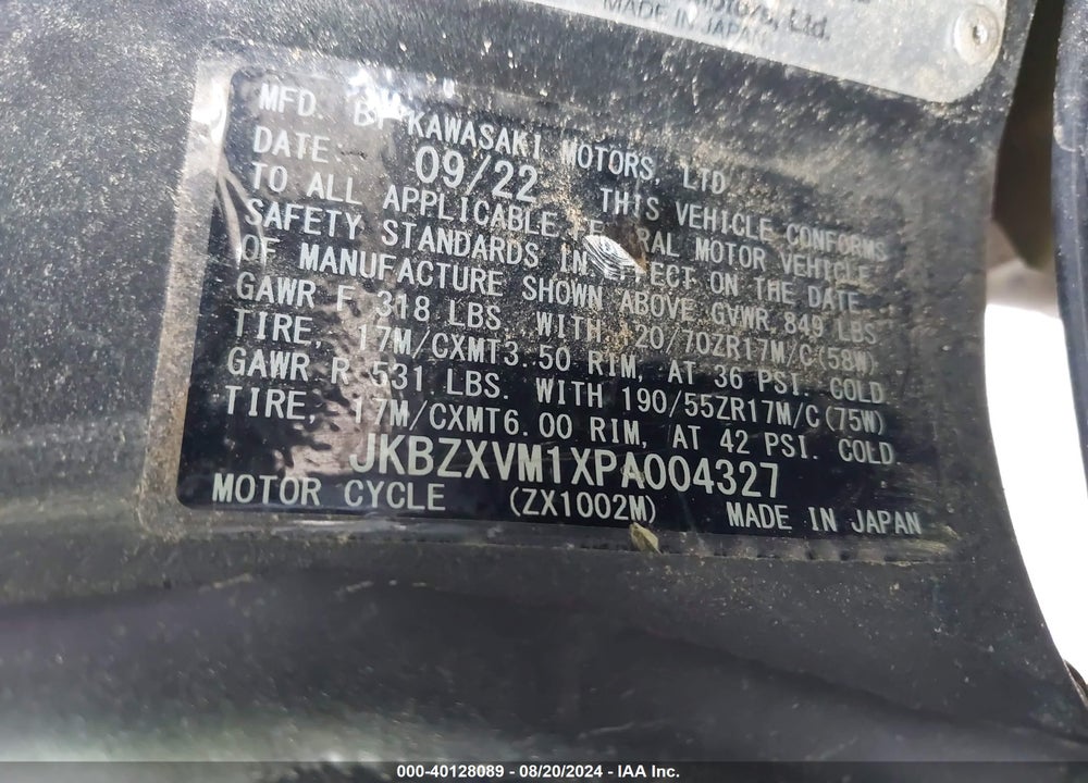 2023 KAWASAKI ZX1002 M VIN: JKBZXVM1XPA004327