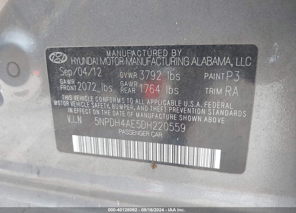 2013 HYUNDAI ELANTRA LIMITED VIN: 5NPDH4AE5DH220559