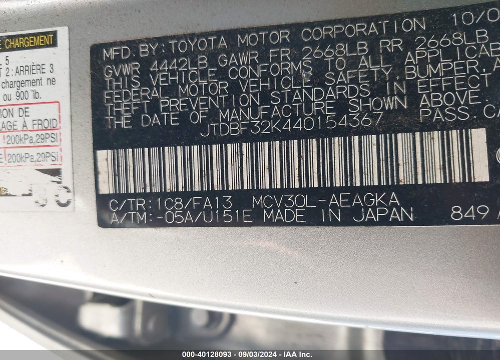 2004 TOYOTA CAMRY VIN: JTDBF32K440154367