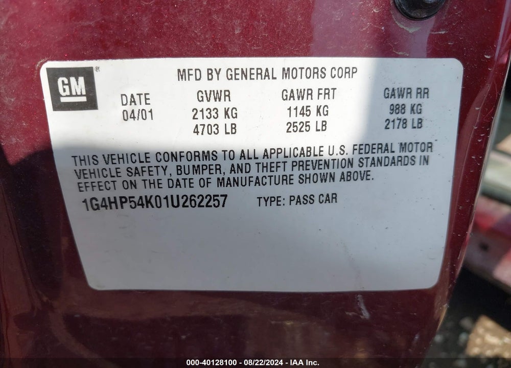 2001 BUICK LESABRE CUSTOM VIN: 1G4HP54K01U262257