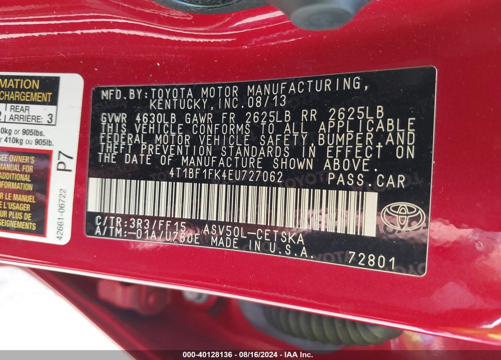 2014 TOYOTA CAMRY SE VIN: 4T1BF1FK4EU727062