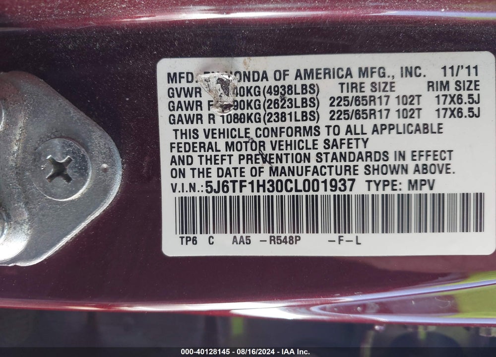 2012 HONDA CROSSTOUR EX VIN: 5J6TF1H30CL001937