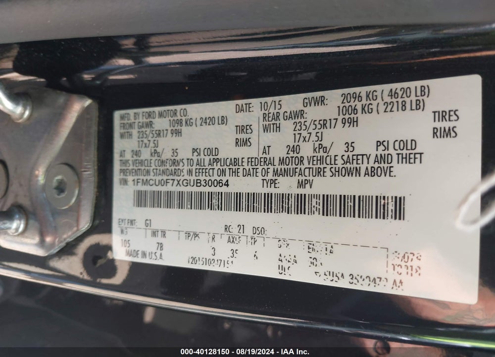 2016 FORD ESCAPE S VIN: 1FMCU0F7XGUB30064