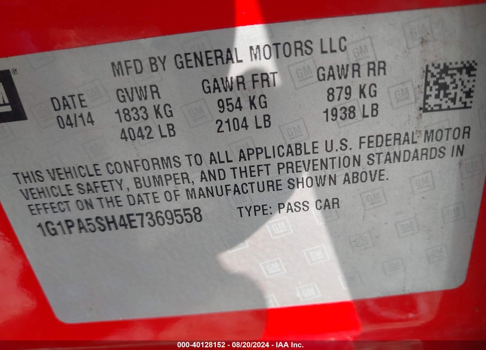 2014 CHEVROLET CRUZE LS AUTO VIN: 1G1PA5SH4E7369558