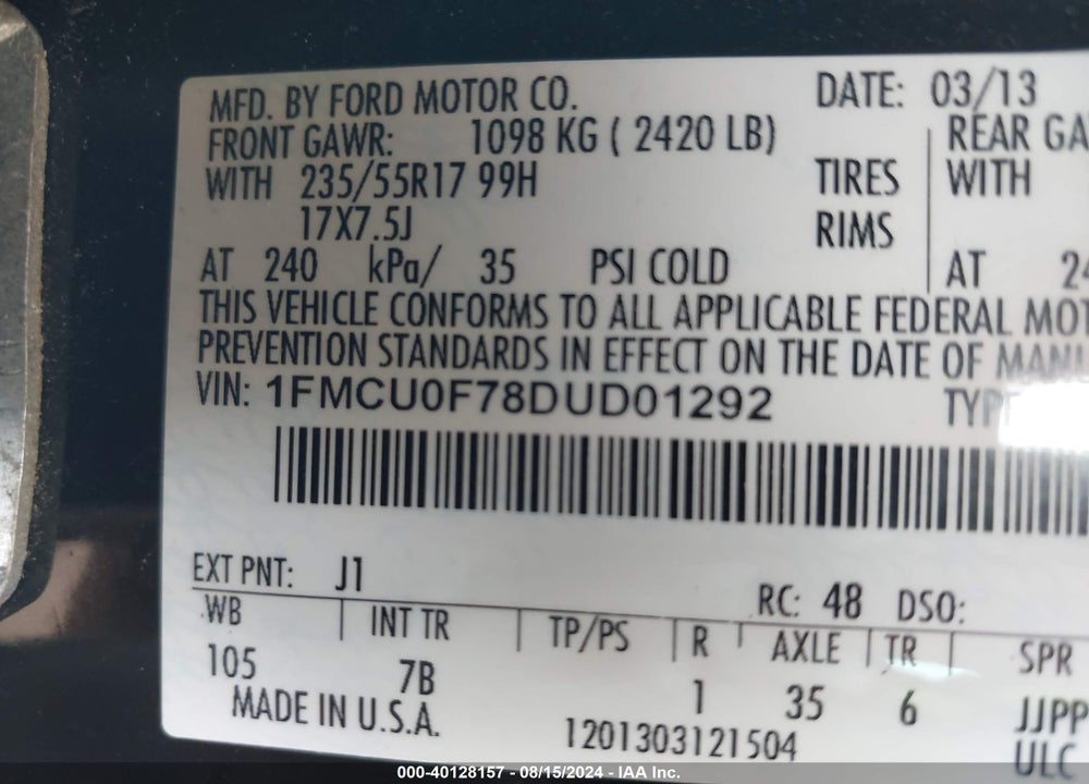 2013 FORD ESCAPE S VIN: 1FMCU0F78DUD01292