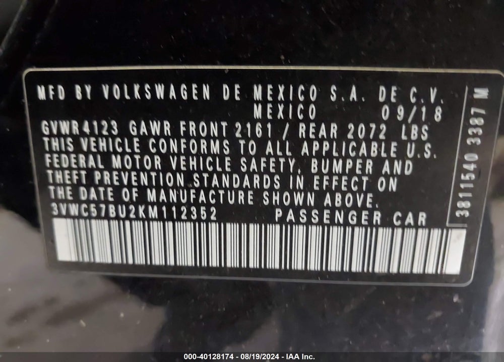 2019 VOLKSWAGEN JETTA VIN: 3VWC57BU2KM112352