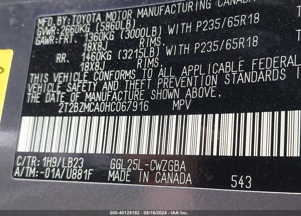 2017 LEXUS RX 350 VIN: 2T2BZMCA0HC067916