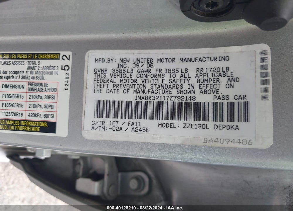 2007 TOYOTA COROLLA VIN: 1NXBR32E17Z792148