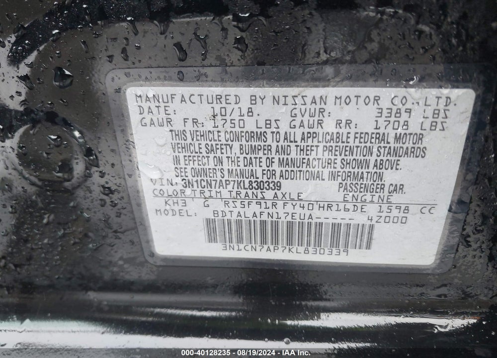 2019 NISSAN VERSA 1.6 S+ VIN: 3N1CN7AP7KL830339