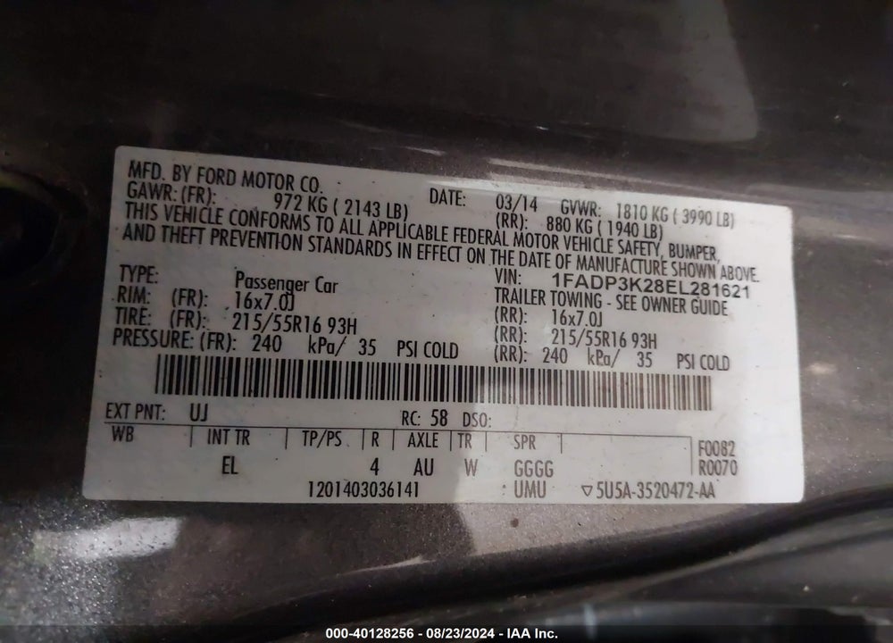 2014 FORD FOCUS SE VIN: 1FADP3K28EL281621