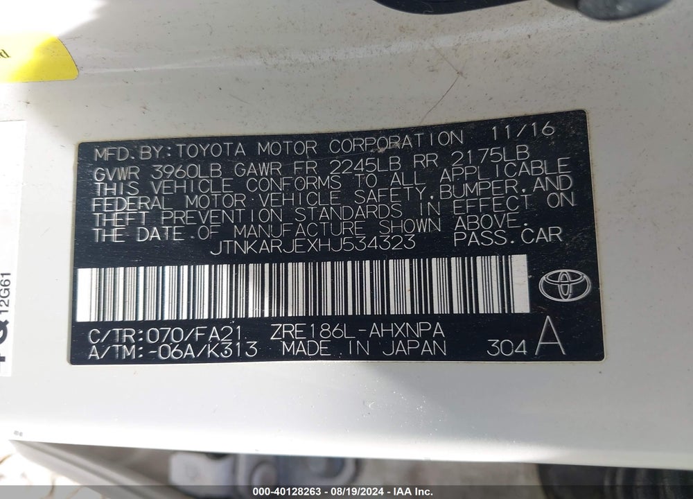 2017 TOYOTA COROLLA IM VIN: JTNKARJEXHJ534323