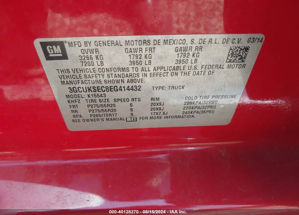 2014 CHEVROLET SILVERADO 1500 1LZ VIN: 3GCUKSEC8EG414432