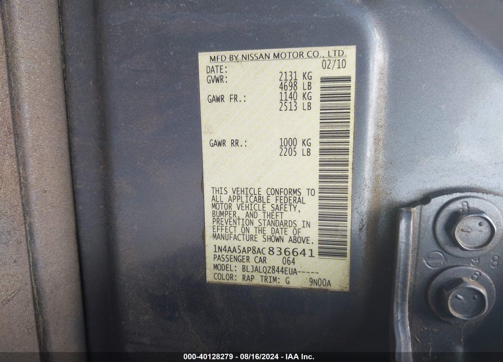 2010 NISSAN MAXIMA 3.5 S VIN: 1N4AA5AP8AC836641