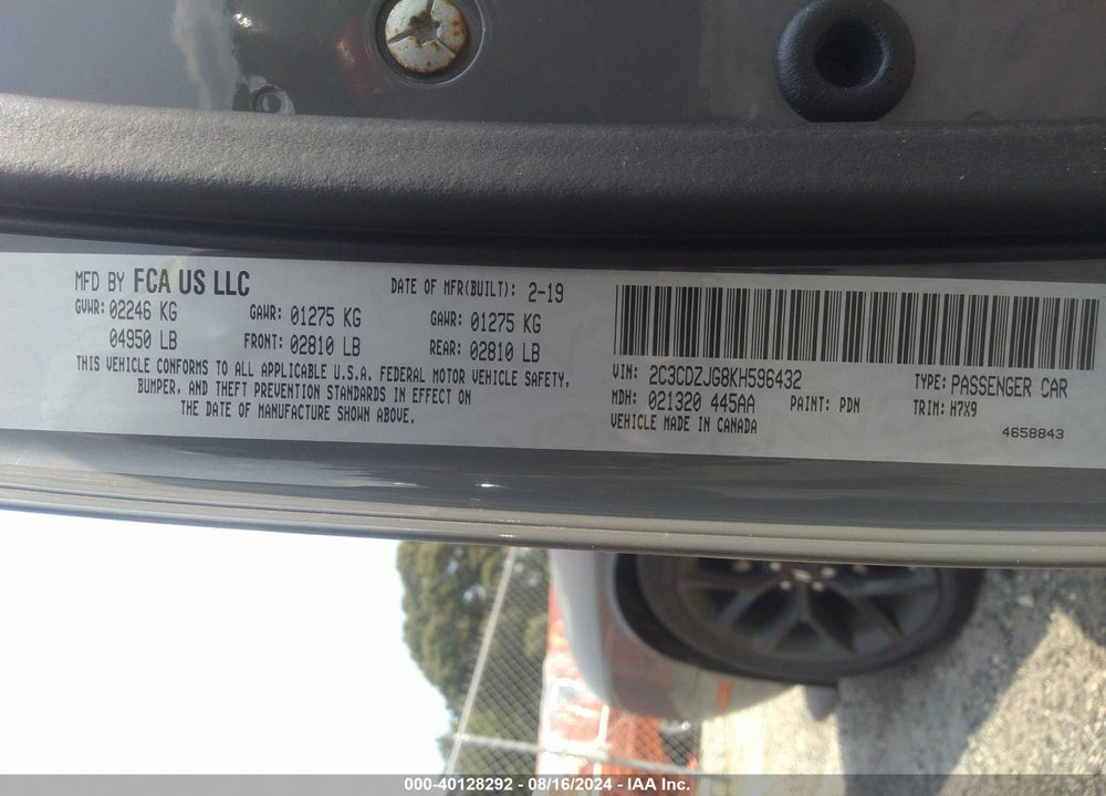 2019 DODGE CHALLENGER VIN: 2C3CDZJG8KH596432