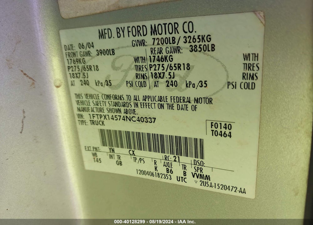 2004 FORD F-150 FX4/LARIAT/XL/XLT VIN: 1FTPX14574NC40337