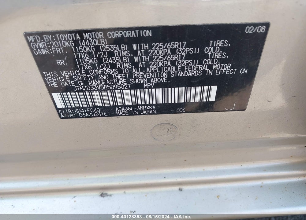 2008 TOYOTA RAV4 VIN: JTMZD33V585095027
