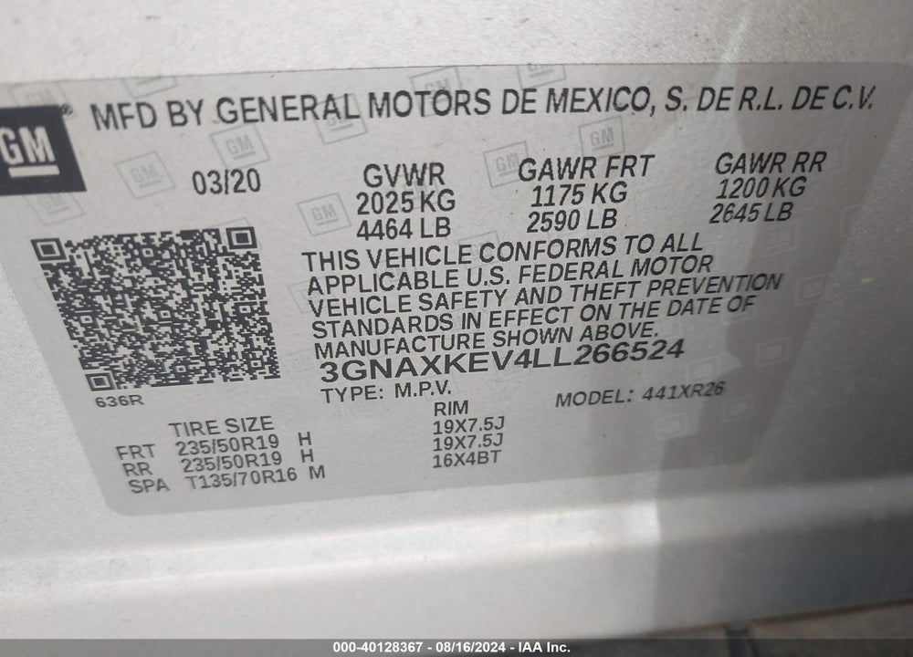2020 CHEVROLET EQUINOX FWD LT 1.5L TURBO VIN: 3GNAXKEV4LL266524