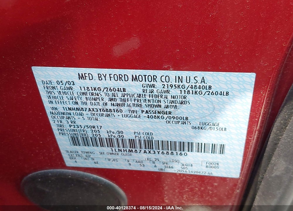 2003 LINCOLN LS V8 VIN: 1LNHM87AX3Y688160