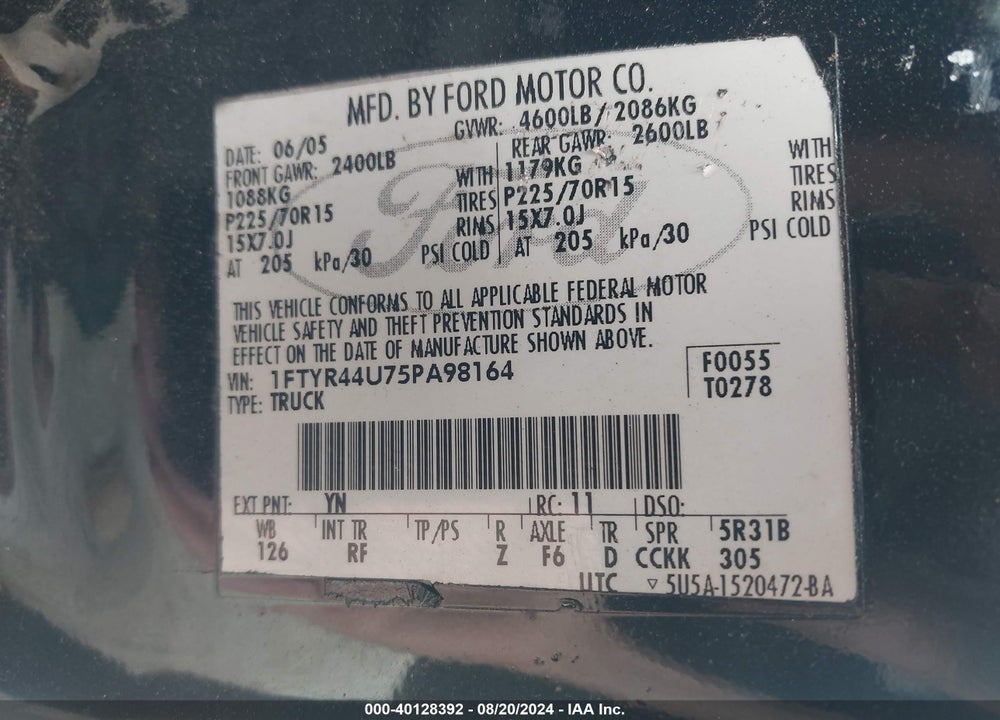 2005 FORD RANGER EDGE/STX/XLT VIN: 1FTYR44U75PA98164