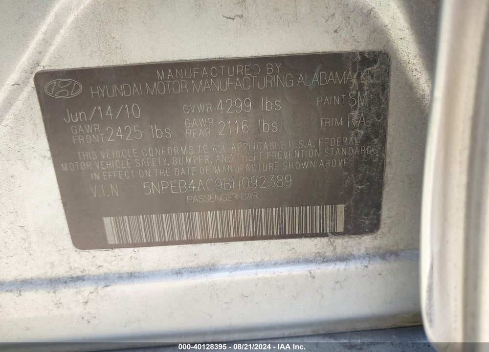 2011 HYUNDAI SONATA GLS VIN: 5NPEB4AC9BH092389