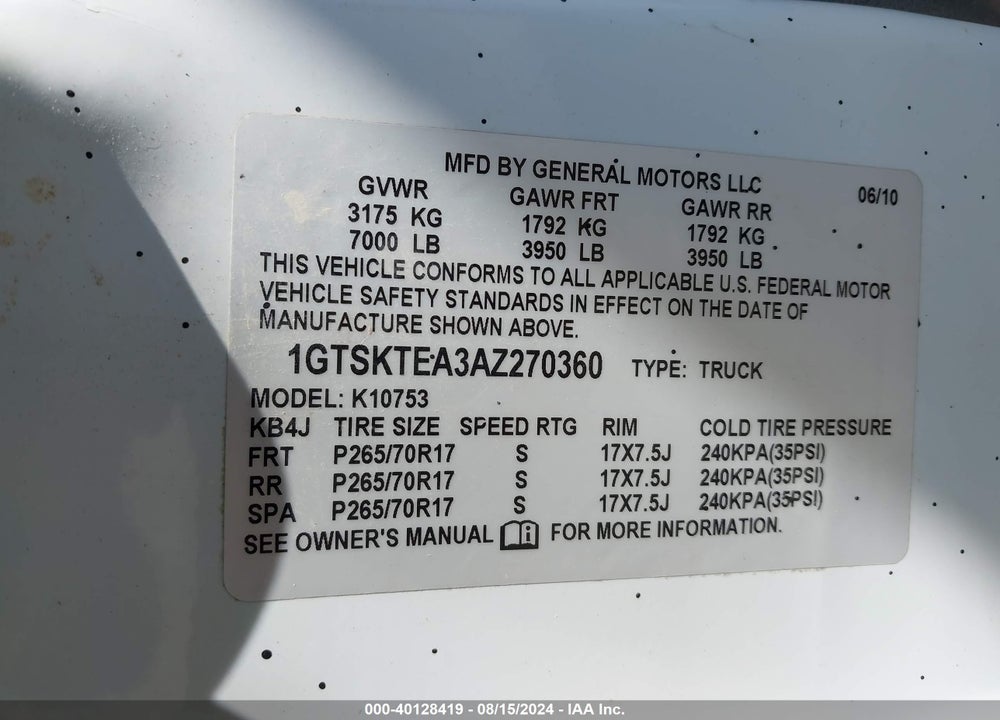 2010 GMC SIERRA 1500 WORK TRUCK VIN: 1GTSKTEA3AZ270360
