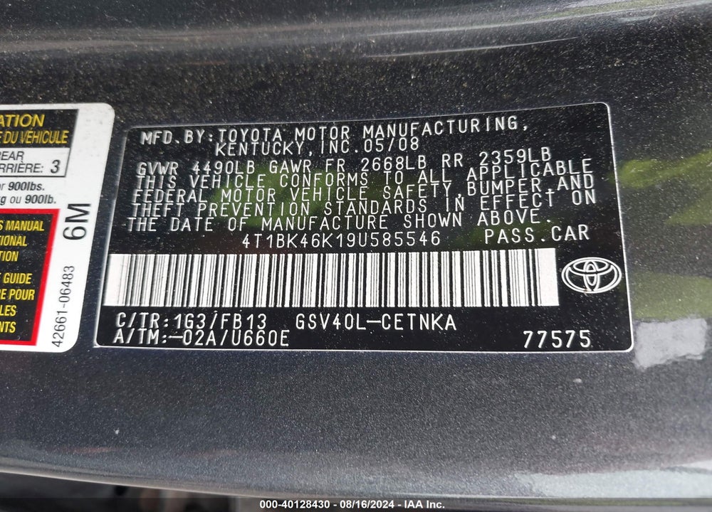 2009 TOYOTA CAMRY LE V6 VIN: 4T1BK46K19U585546