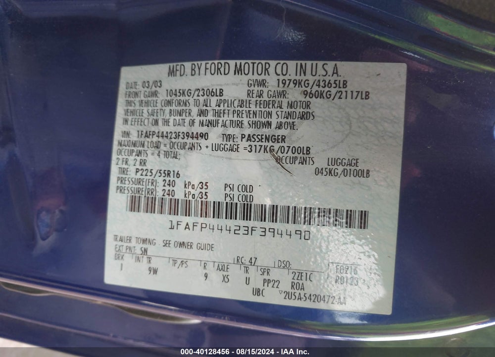 2003 FORD MUSTANG VIN: 1FAFP44423F394490