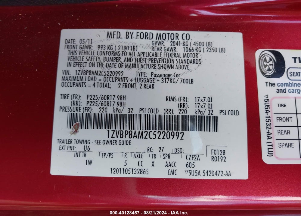 2012 FORD MUSTANG V6 VIN: 1ZVBP8AM2C5220992