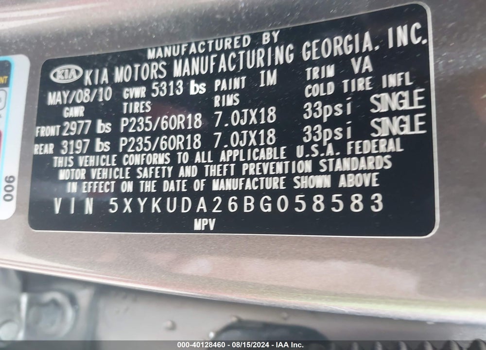 2011 KIA SORENTO EX V6 VIN: 5XYKUDA26BG058583