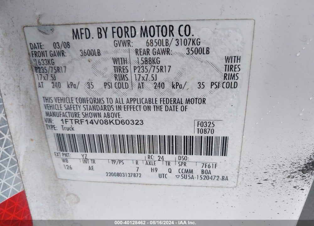 2008 FORD F-150 VIN: 1FTRF14V08KD60323