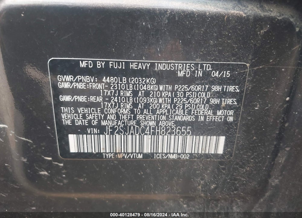 2015 SUBARU FORESTER 2.5I PREMIUM VIN: JF2SJADC4FH823655