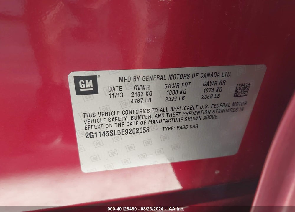 2014 CHEVROLET IMPALA 1LZ VIN: 2G1145SL5E9202058