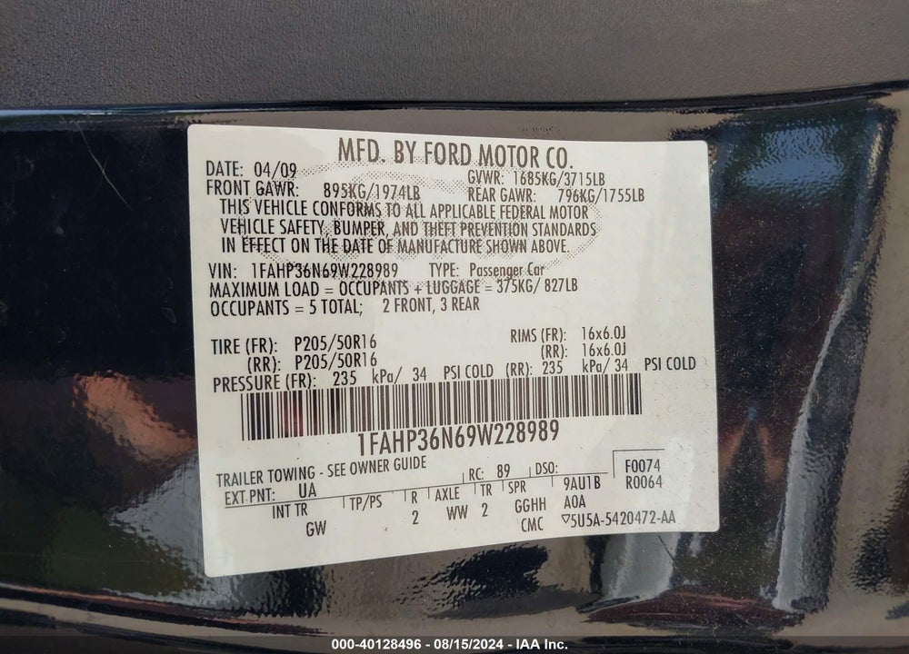 2009 FORD FOCUS SES VIN: 1FAHP36N69W228989