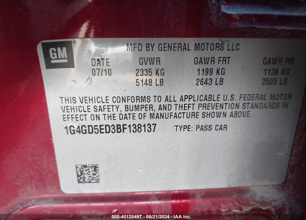 2011 BUICK LACROSSE VIN: 1G4GD5ED3BF138137
