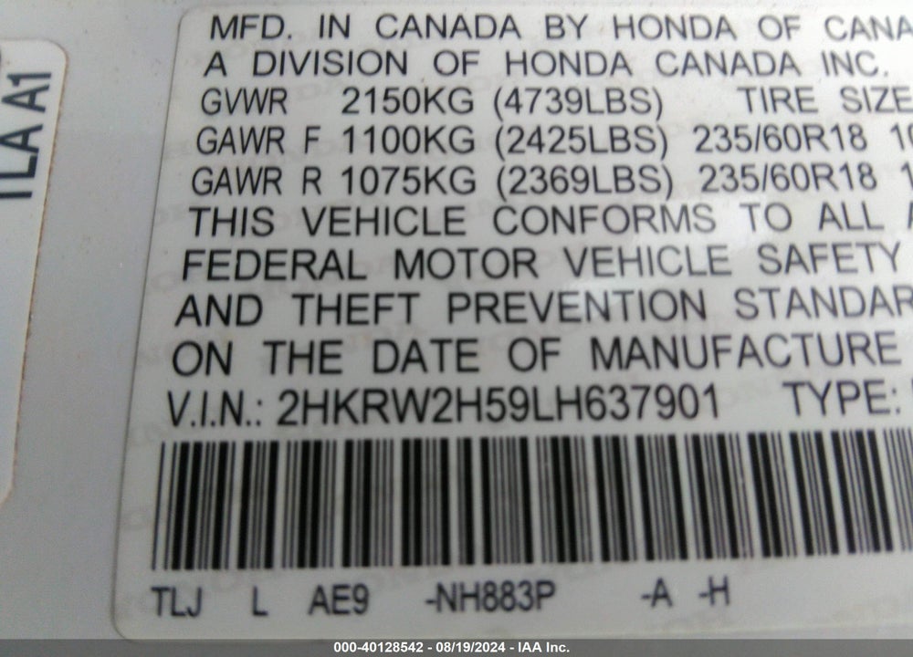 2020 HONDA CR-V AWD EX VIN: 2HKRW2H59LH637901