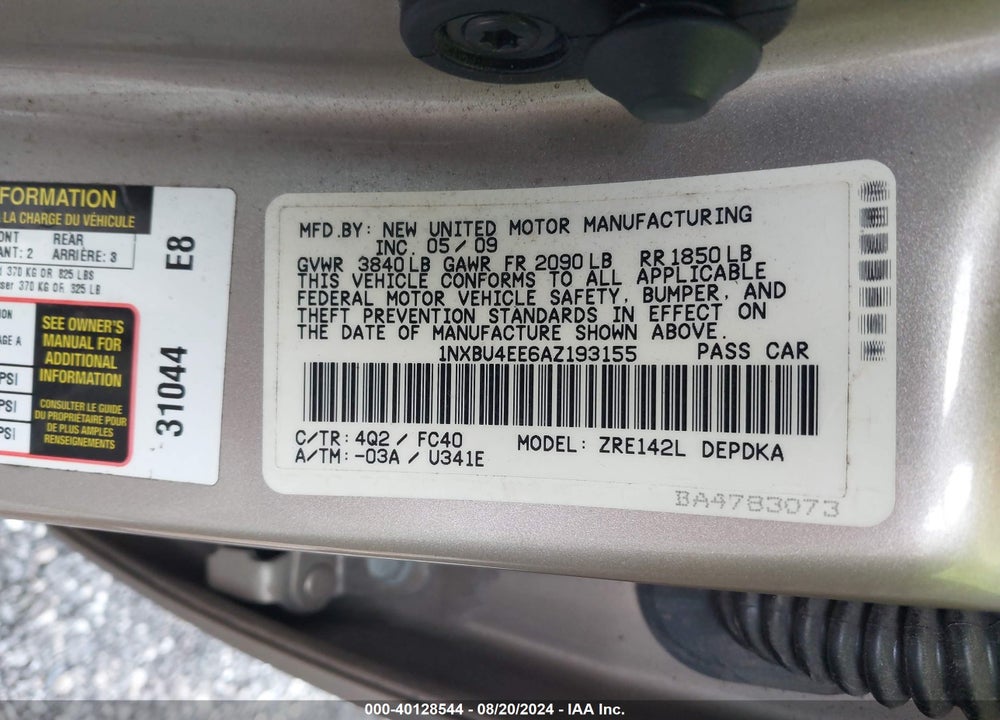 2010 TOYOTA COROLLA LE VIN: 1NXBU4EE6AZ193155