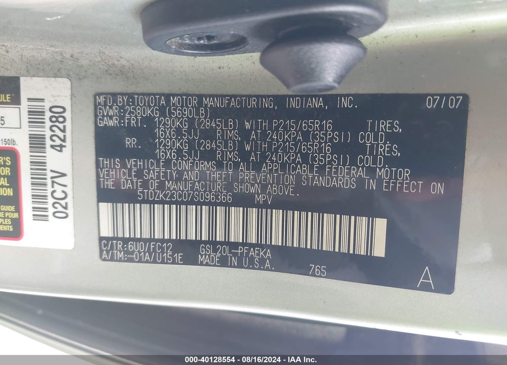 2007 TOYOTA SIENNA LE VIN: 5TDZK23C07S096366