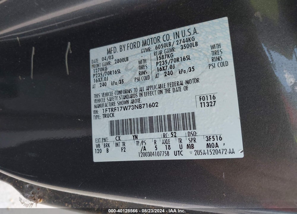 2003 FORD F-150 XL/XLT VIN: 1FTRF17W73NB71602