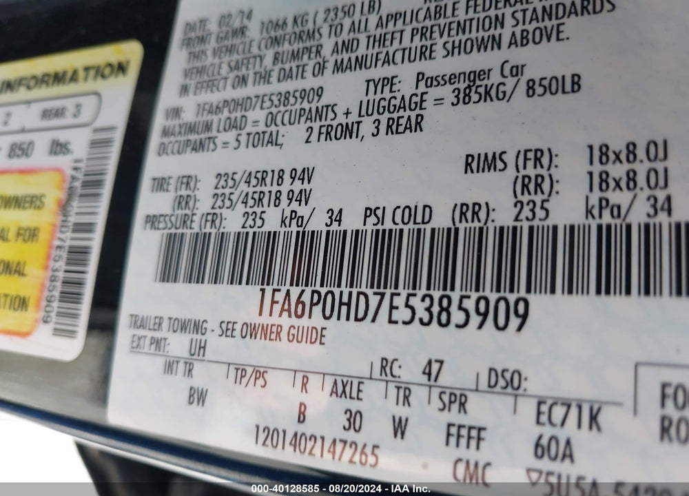 2014 FORD FUSION SE VIN: 1FA6P0HD7E5385909
