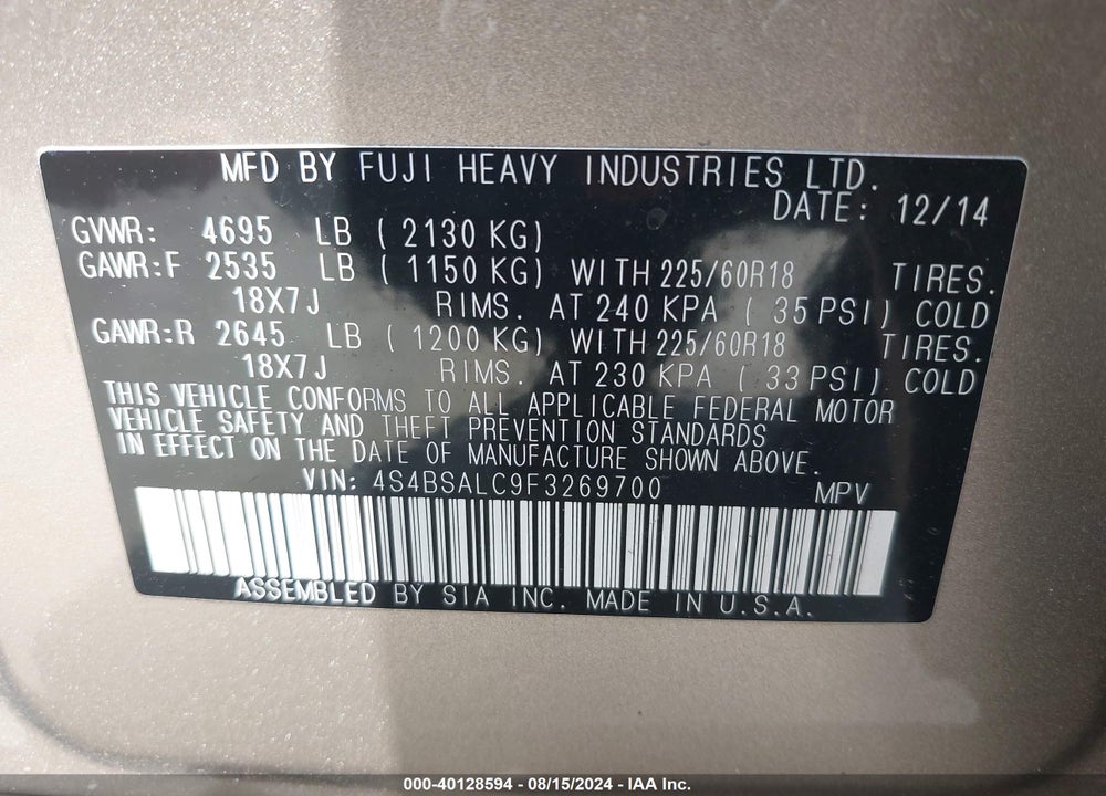 2015 SUBARU OUTBACK 2.5I LIMITED VIN: 4S4BSALC9F3269700